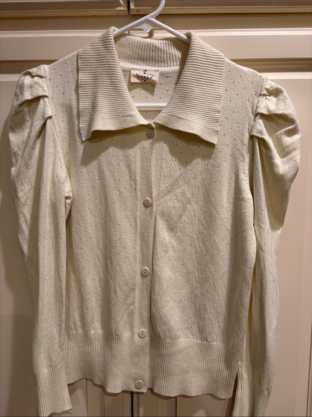 Ember Cream Button-Front Knit Cardigan with Ribbed Collar